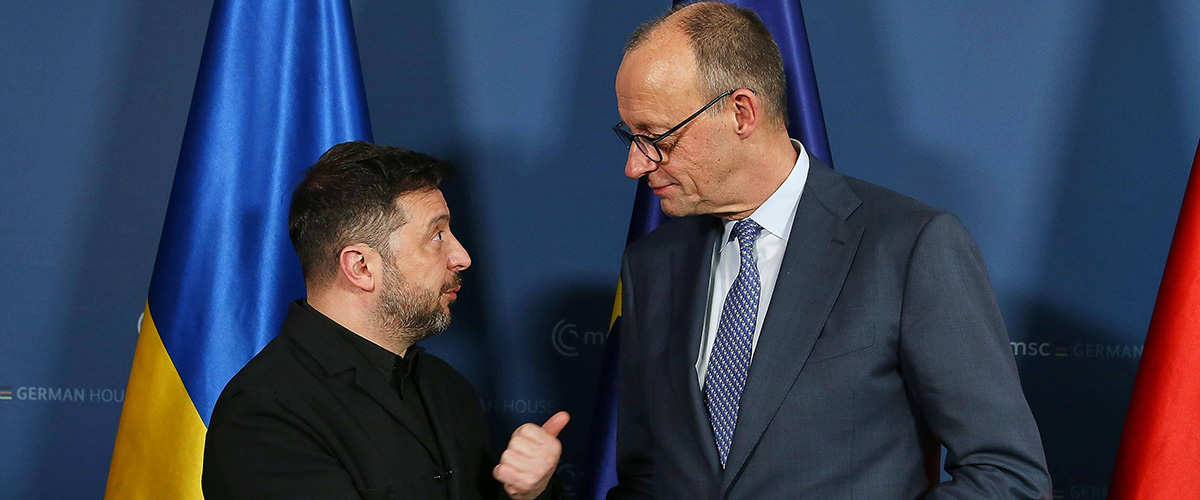 Münchner Sicherheitskonferenz 2026: Wolodymyr Selenskyj, Präsident der Ukraine, und der deutsche Bundeskanzler Friedrich Merz