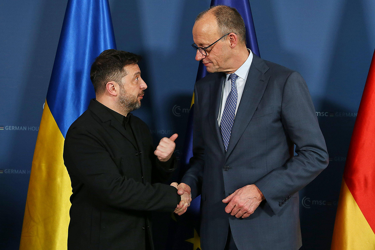 Münchner Sicherheitskonferenz 2026: Wolodymyr Selenskyj, Präsident der Ukraine, und der deutsche Bundeskanzler Friedrich Merz