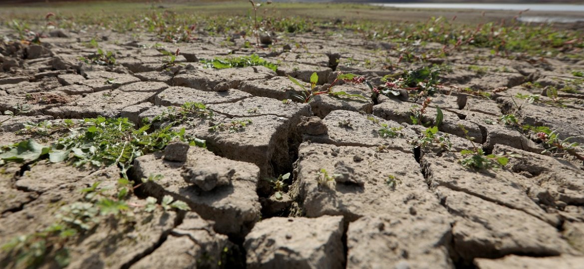 SIMFEROPOL, CRIMEA, RUSSIA - OCTOBER 17, 2020: A view of the dried out bottom of the Simferopol Reservoir going low due