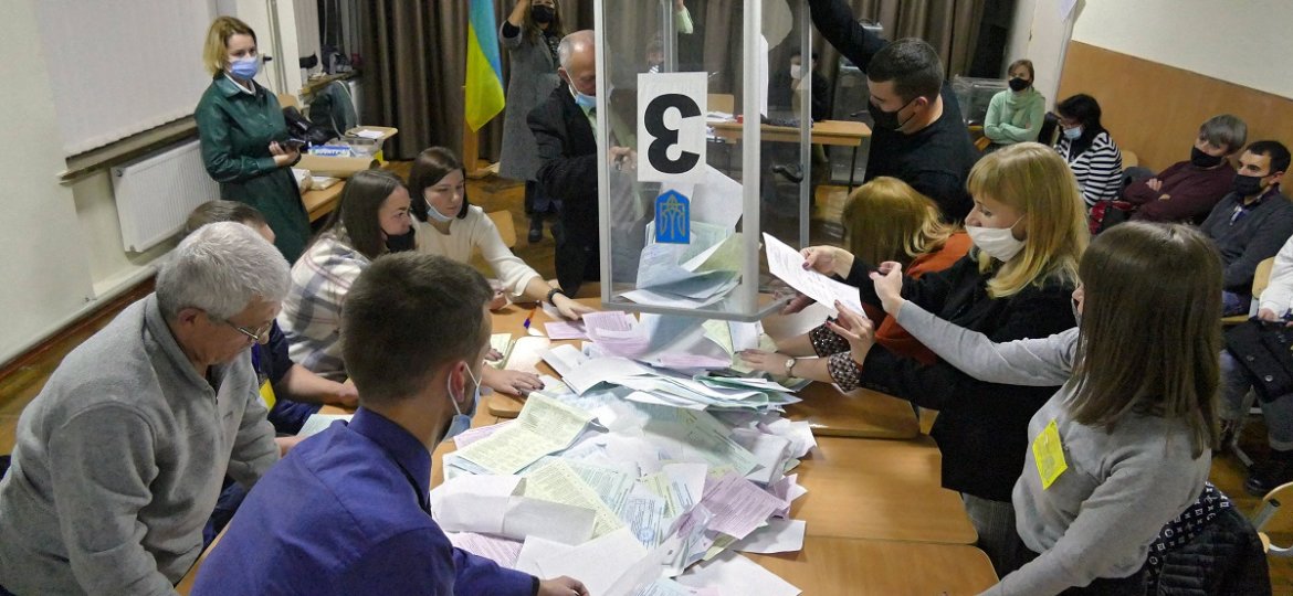 IVANO-FRANKIVSK, UKRAINE - OCTOBER 26, 2020 - Members of the local election committee are pictured duirng the vote coun