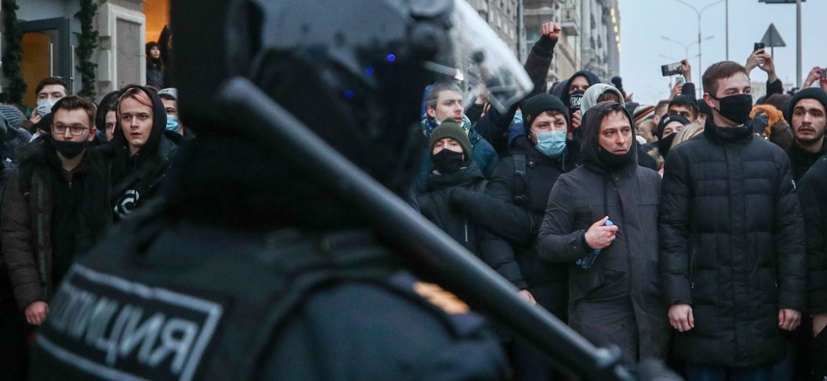 MOSCOW, RUSSIA - JANUARY 23, 2021: A riot police officer guards Strastnoy Boulevard during an unauthorized rally in supp